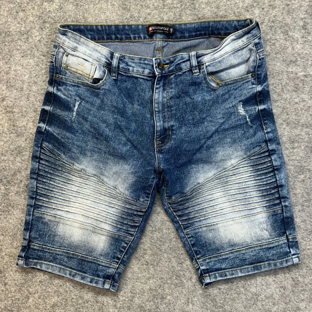 Southpole Moto Denim Shorts Mens 36 Blue Acid Wash Ribbed Slim‎ Fit Biker